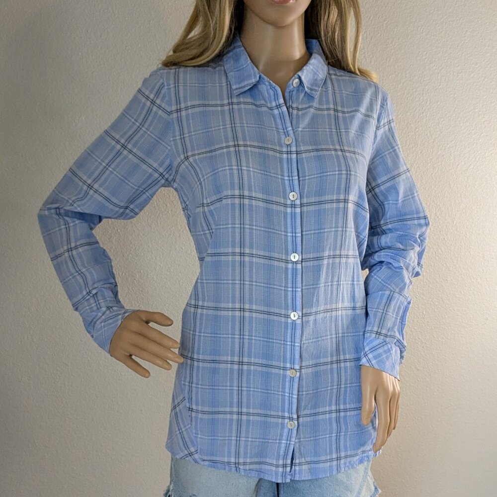 J Jill Top Women's Small Blue Check Plaid Button-Up Cotton Long Sleeve Shirt